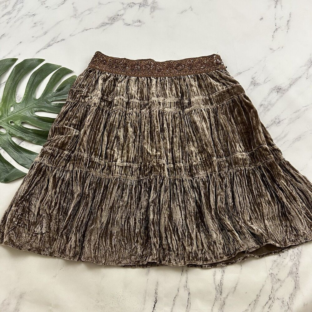 BCBG Maxazria Womens Vintage Y2k Velvet Skirt Size M New Brown Bronze Sequins